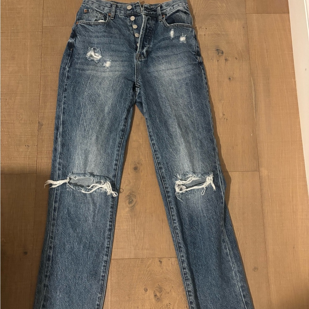 PacSun Blue Straight Leg Jeans with Distressed Details